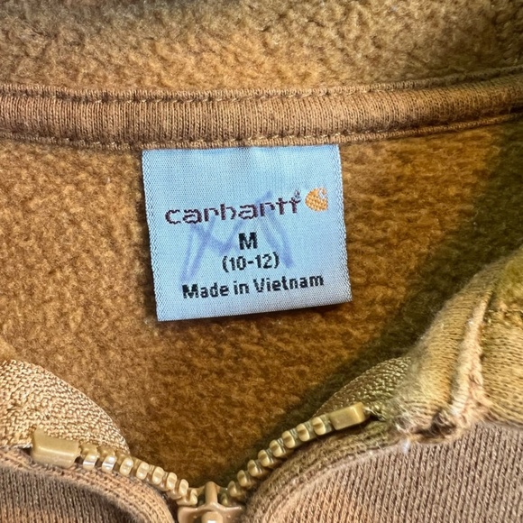 Carhartt Youth Full Zip HoodieSweatshirt Brown Spell Out Logo Pockets Kids 10/12 - Picture 3 of 13